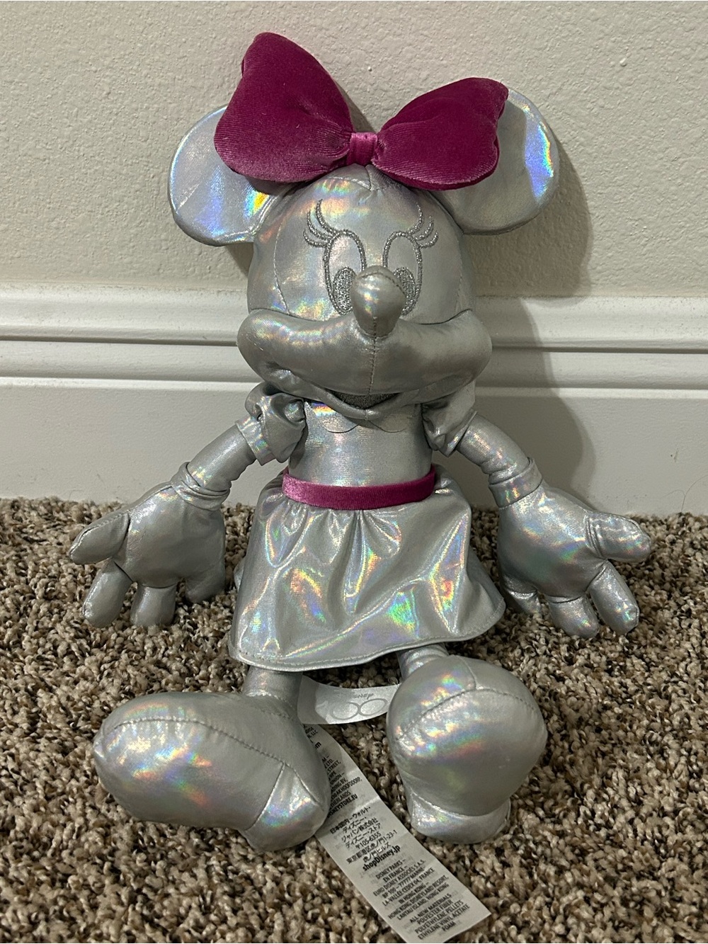 Disney Iridescent Silver Minnie Mouse Plush with Fuchsia Bow
